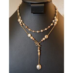 Vintage Anne Klein Double Strand Champagne Penny Coin Pearl Dangle Necklace